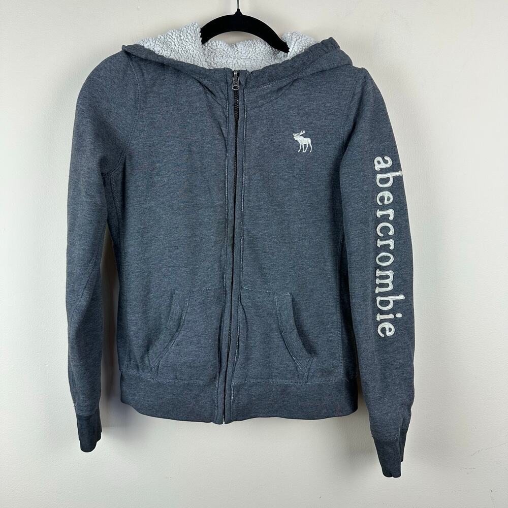 Abercrombie Kids Sherpa Lined Zip Hoodie Jacket Gray XL Y2K Spellout Retro